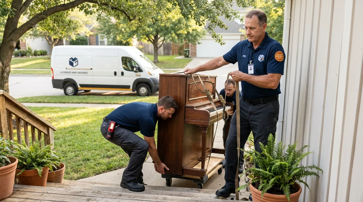 Licensed piano movers securing grand piano in Sweet Home, OR