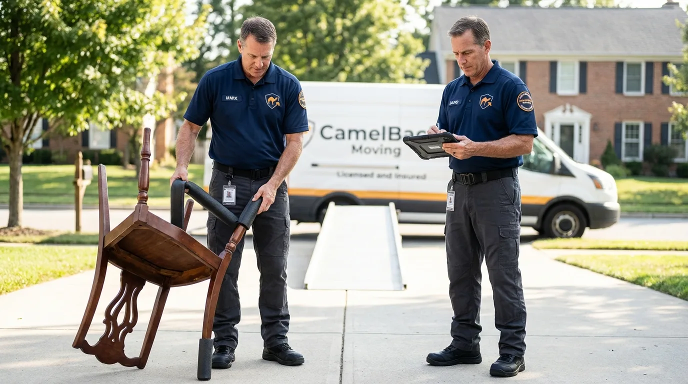 Movers inspecting furniture for damage prevention before loading in Sweet Home, OR