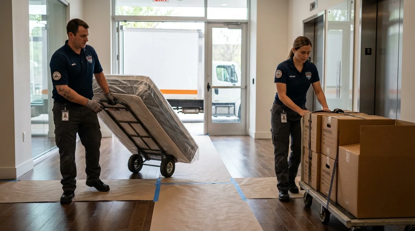 Professional apartment movers loading elevator in Sweet Home, OR